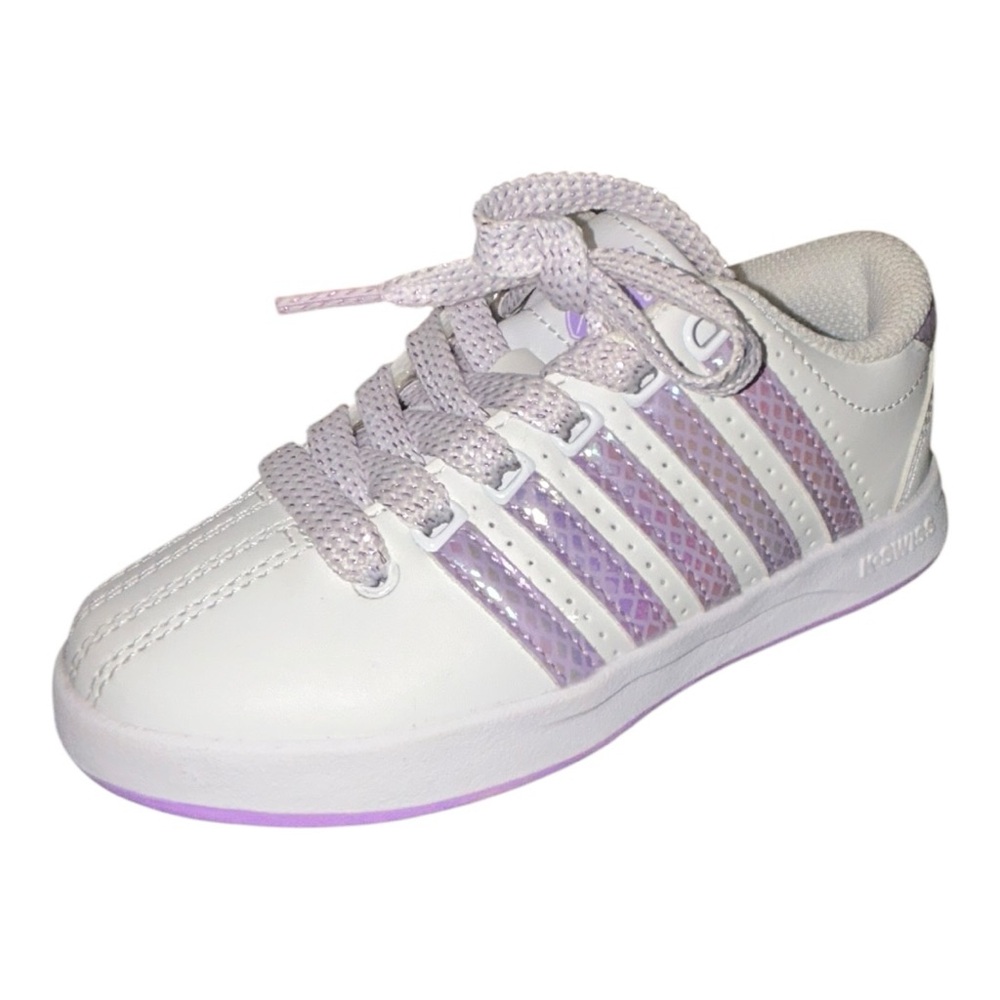 Toddler Girls K-SWISS White Leather Purple Glitter Stripe Sneakers kids Size 11 - Picture 1 of 12